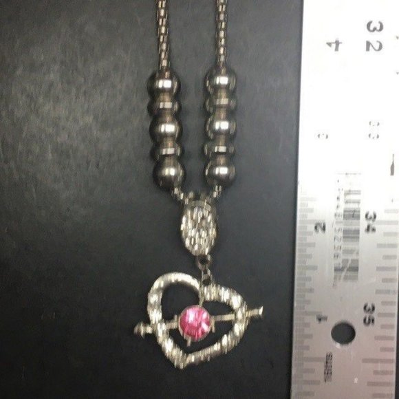 Heart Arrow Drop Necklace As Is Pink Rhinestone Silver Chain Barbie Glam Bling - Picture 6 of 7